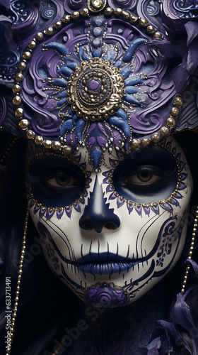 Portrait of woman with traditional la muerte makeup . Mexican festival Dia de los Muertos. Halloween