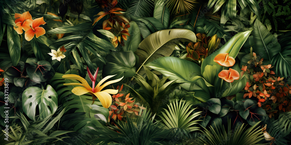 Tropical background illustration with leaves and flowers Tropical background illustration with leaves and flowers