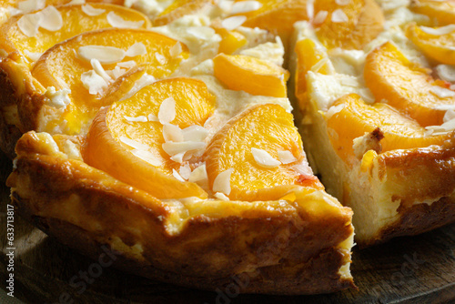 Casserole pie of cottage cheese with peaches