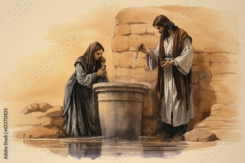 Sustenance and Salvation: Figure at the Well, Another by, Drawing from Jesus' Living Water Message to the Samaritan Woman Generative AI photo