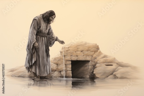 Refreshing Dialogue: Figure by the Well, Another Standing, Evoking Jesus' Discourse of Living Water Generative AI photo