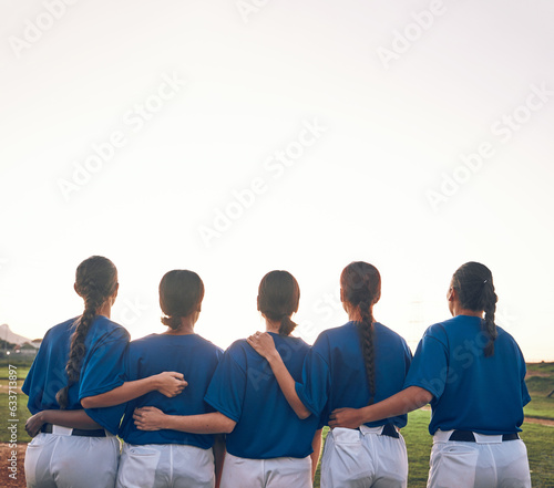 Women, team and softball, sports and support, fitness and back view with mockup space and athlete group together. Sunset, sky and solidarity, trust and exercise with baseball player people outdoor