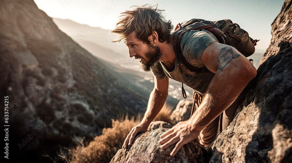 Muscular climber mountaineer alpinist man with backpack rope and belay