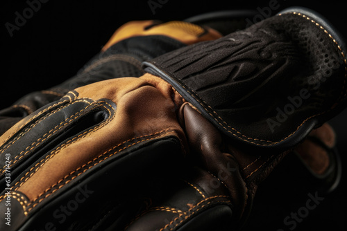 Macro shot of a pair of heavy-duty work gloves with intricate stitching and textured grip pads for maximum protection and comfort