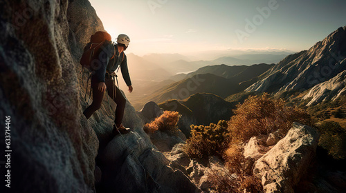 Professional climber mountaineer alpinist man in protective helmet with backpack rope and belay climbing over cliff rock. Mountaineering extreme sport mountain climbing.