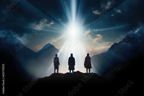 Mystical Ascent: Three Silhouetted Figures on Mountain Peak with Radiant Light, Recalling Jesus' Transfiguration with Peter, James, and John Generative AI	
 photo