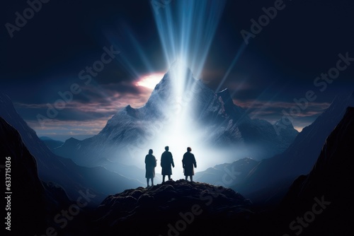 Light of Divinity: Mountain Peak, Silhouetted Figures, and Radiant Glow, Alluding to Jesus' Transfiguration Scene Generative AI	
 photo