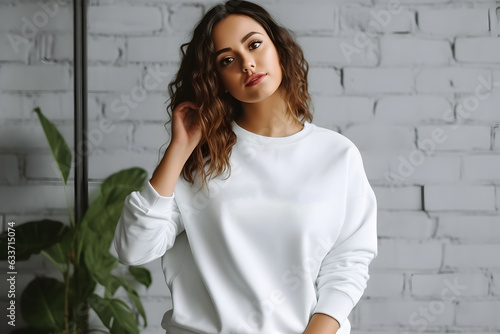 gorgeous curly woman in white mockup sweater lifestyle mock up ai generated art photo