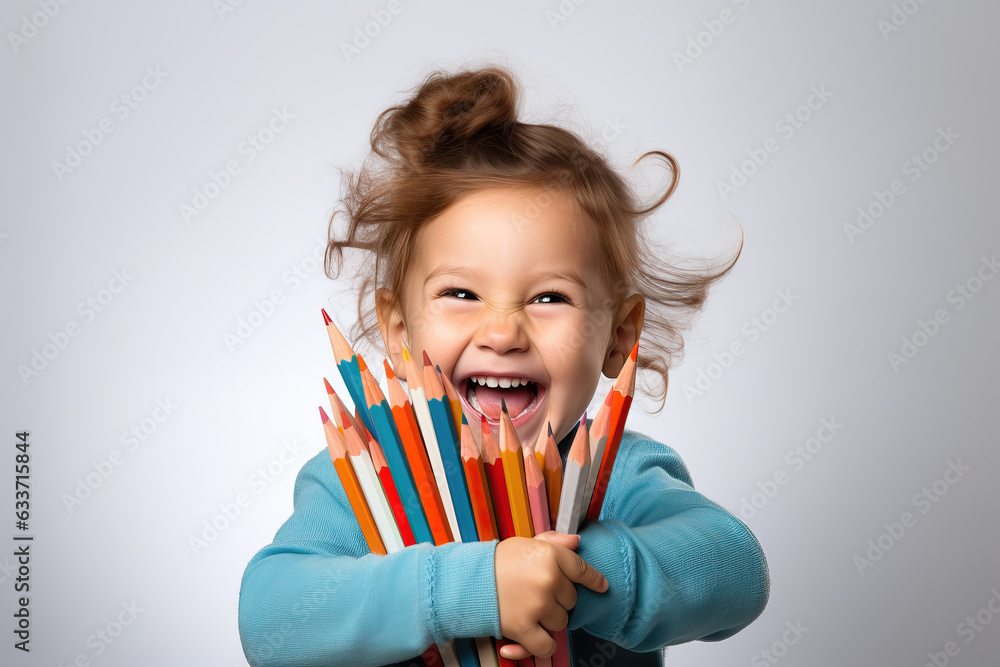 happy young girl holding colorful pencils, ai generated happy young girl holding colorful pencils, ai generated