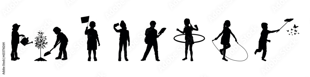 Children various activities hobbies and sports in row vector silhouette set collection. Kid different poses set silhouettes.