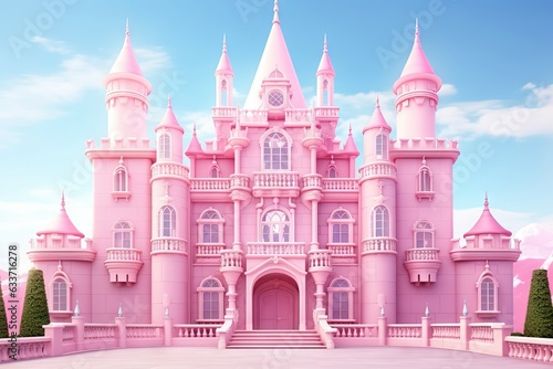 Enchanting pink castle house nestled in a whimsical landscape, Generative AI