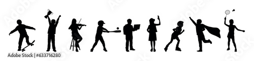 Children various activities hobbies and sports  in row vector silhouette set collection.