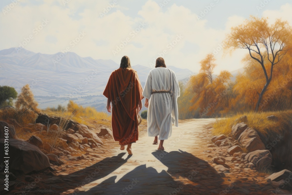 Journey of Faith Renewed: Two Figures on Path, Joined by a Third, Reminiscent of Jesus' Revealing Himself to Disciples Generative AI - obrazy, fototapety, plakaty 