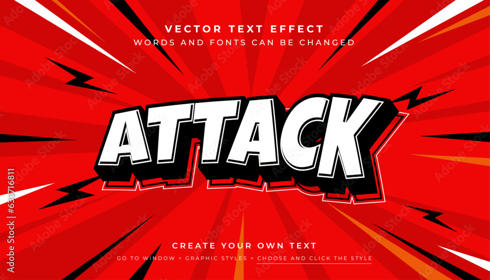 Vector Editable 3D attack text effect. White red comic typography graphic style on abstract red background
