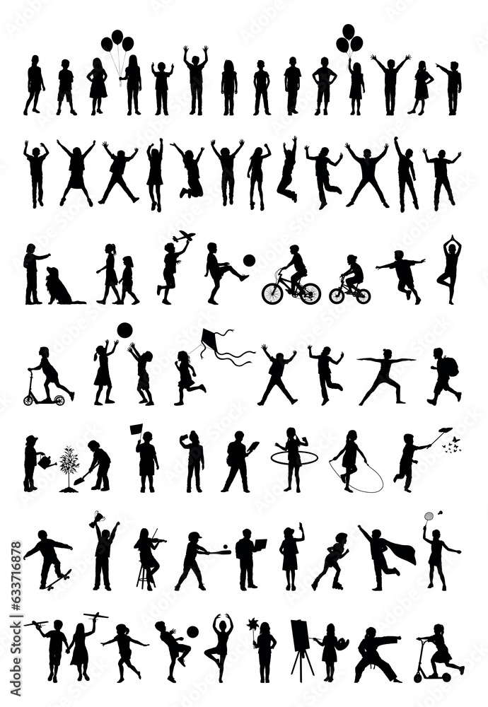 Children doing various outdoor activities hobbies and sports outdoors silhouettes set collection. Children doing various outdoor activities hobbies and sports outdoors silhouettes set collection.