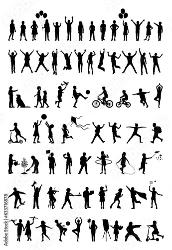 Children doing various outdoor activities hobbies and sports outdoors silhouettes set collection.