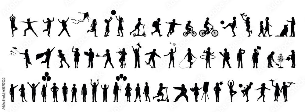Kids doing various outdoor activities hobbies and sports outdoors vector silhouette set collection.