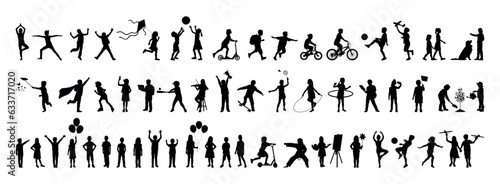 Kids doing various outdoor activities hobbies and sports outdoors vector silhouette set collection.