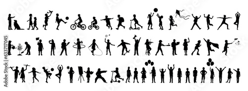 Grup of kids various outdoor activities hobbies and sports black silhouettes set large collection.