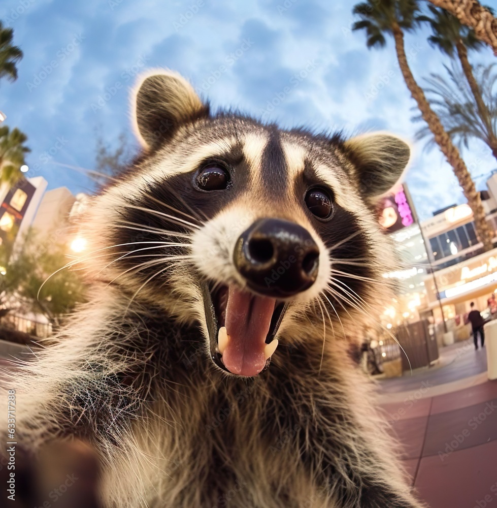A raccoon with its mouth open take selfie photo A raccoon with its mouth open take selfie photo