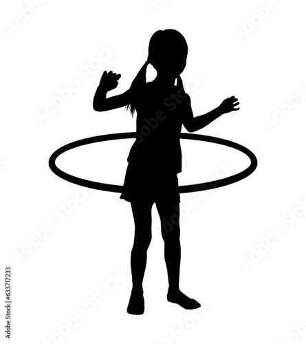 Little girl playing with hula hoop on white background vector silhouette.