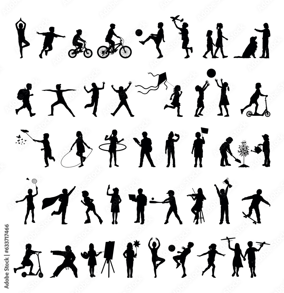 Kids indoor and outdoor activities black silhouette. Silhouettes of children various poses activities hobbies and sport set collection.
