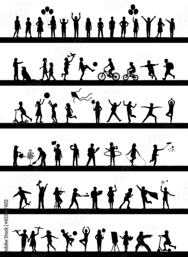Silhouettes of children characters in various outdoor activities hobbies and sports on grass field set collection.
