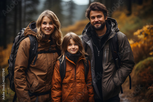 Parents hiking in nature with their child on an autumn day