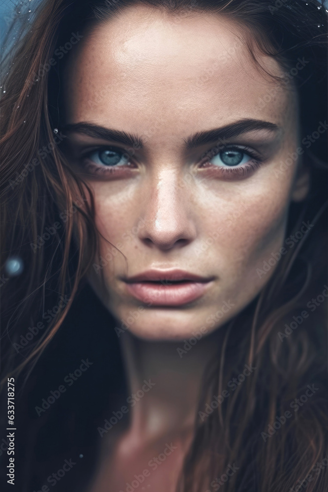 Extremely Close-up portrait of pretty Seafarer lady, intense eyes. Generative AI Extremely Close-up portrait of pretty Seafarer lady, intense eyes. Generative AI