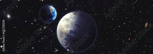 Panoramic view of the Earth, sun, star and galaxy. Sunrise over planet Earth, view from space . Elements of this image furnished by NASA
