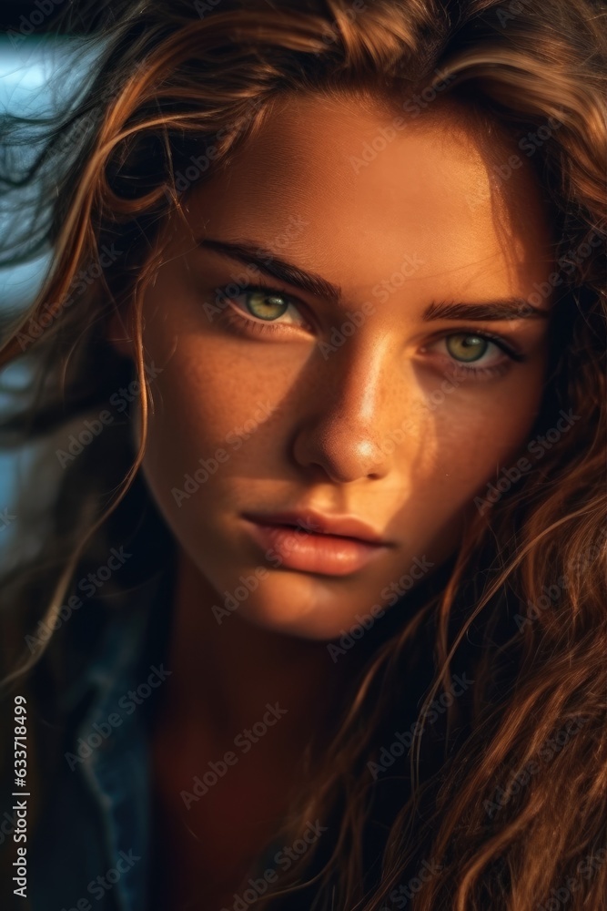 Extremely Close-up portrait of pretty Seafarer lady, intense eyes. Generative AI Extremely Close-up portrait of pretty Seafarer lady, intense eyes. Generative AI