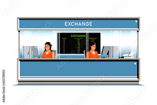 Counter currency exchange service with female employee on isolated background, Digital marketing illustration.