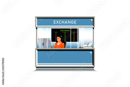 Counter currency exchange service with female employee on isolated background, Digital marketing illustration.