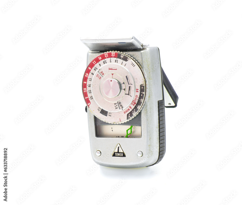 old retro light meter Photographic nostalgia with old-fashioned photo equipment. Image of old technology Tower vintage Light Exposure Meter made by Sears and Roebuck Isolated on white background old retro light meter Photographic nostalgia with old-fashioned photo equipment. Image of old technology Tower vintage Light Exposure Meter made by Sears and Roebuck Isolated on white background