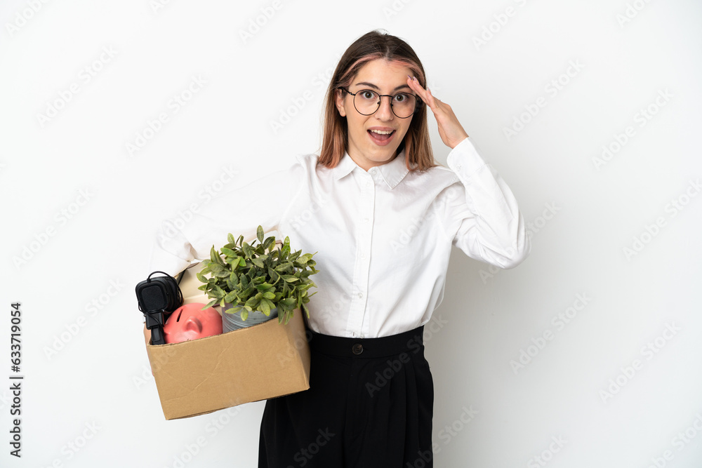 Young caucasian woman moving in new home among boxes isolated on white background with surprise and shocked facial expression Young caucasian woman moving in new home among boxes isolated on white background with surprise and shocked facial expression