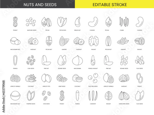 Discover the taste diversity and health benefits of seeds and nuts with this set of line vector icons that visually depict the distinctive features and nutritional properties of these natural foods.