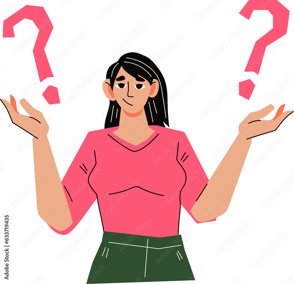 Woman having questions and doubts, making decision and choice. FAQ and questions concept. Thinking of problem solving. Woman having questions and doubts, making decision and choice. FAQ and questions concept. Thinking of problem solving.