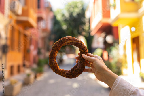 Turkish Tea (Türk Cayi) and Turkish Bagel(Turk Simit) in front of the Uskudar Streets Photo, Maidens Tower and Kuzguncuk, Üsküdar Istanbul, Turkey (Turkiye)