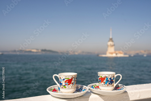 Turkish Coffee (Türk Kahvesi) in front of the New Maiden's Tower (Kiz Kulesi) Photo, Üsküdar Istanbul, Turkey (Turkiye)