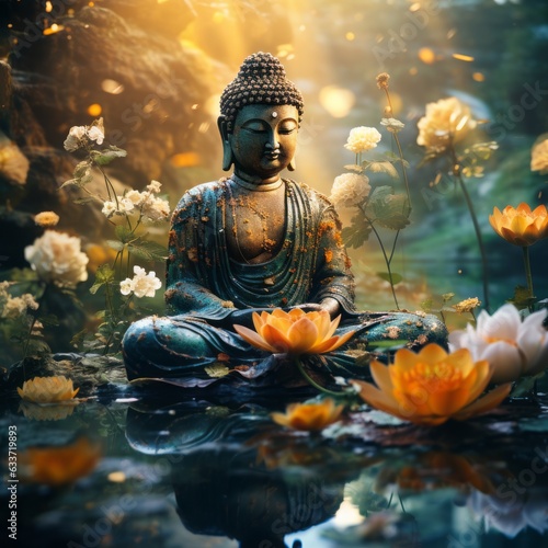 Serene buddha amidst flowers, a peaceful oasis, Generative AI
