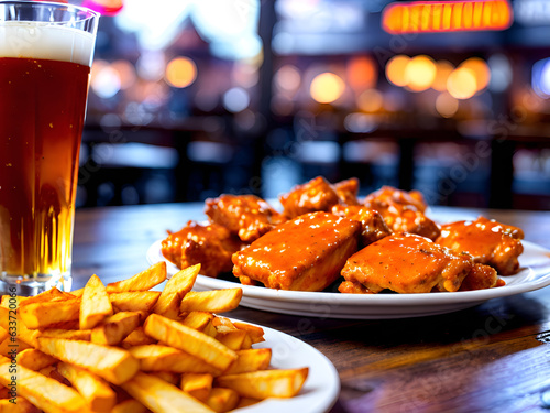 Buffalo chicken wings, french fries and draft beer