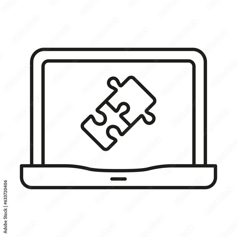 Online Jigsaw Game in Laptop Linear Pictogram. Puzzle App in Computer Line Icon. Web Digital Puzzle Outline Sign. Strategy, Brainstorming, Teamwork. Editable Stroke. Isolated Vector Illustration