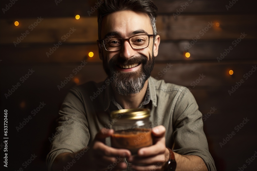 Portrait of a bearded man holding a spice for healthy food in a jar
