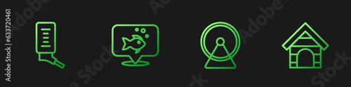 Set line Hamster wheel, Drinker for small pets, Fish and Dog house. Gradient color icons. Vector