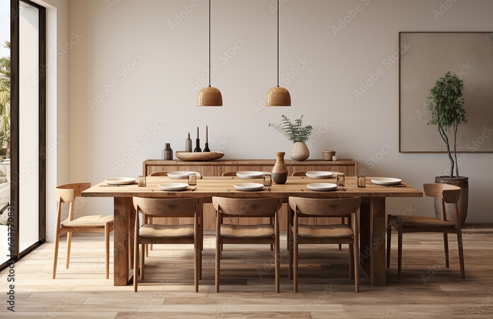 This minimalistic yet inviting interior design features a dining table with chairs and a vibrant painting on the wall, providing a comfortable and stylish atmosphere for the perfect home dining exper This minimalistic yet inviting interior design features a dining table with chairs and a vibrant painting on the wall, providing a comfortable and stylish atmosphere for the perfect home dining exper