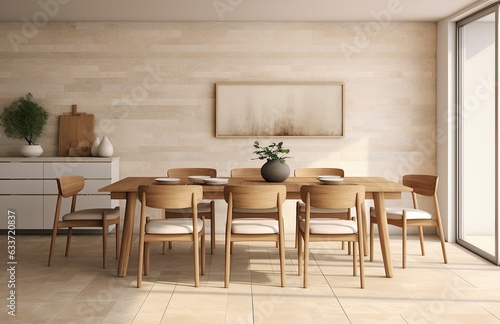 A minimalist design of a cozy home kitchen comes alive with a modern dining table surrounded by comfortable chairs and complemented by a warm vase on the wall, evoking a feeling of contentment and pe