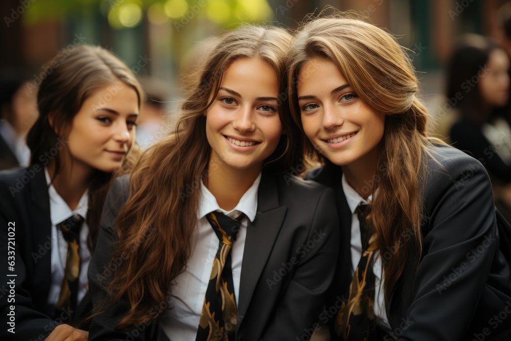 Girlfriends student in school uniform taking pictures together in the school yard