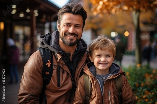 Father taking son to kindergarten and taking picture together. Outdoor portrait of dad and little boy with backpacks. © DenisNata
