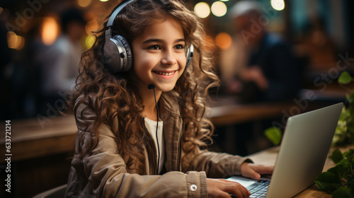 Happy young girl student wear headphone watch webinar listen online course communicate by conference video. Homeschooling.
