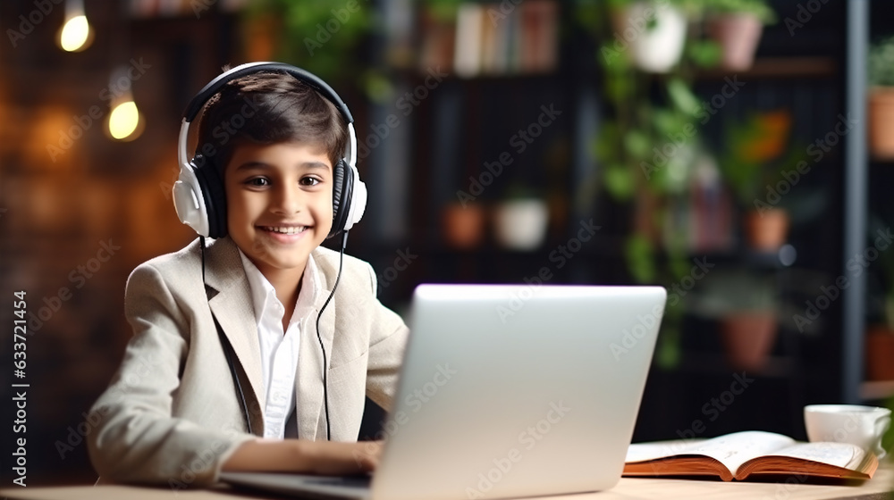Happy indian young boy student wear headphone watch webinar listen online course communicate by conference video. Homeschooling. - obrazy, fototapety, plakaty 